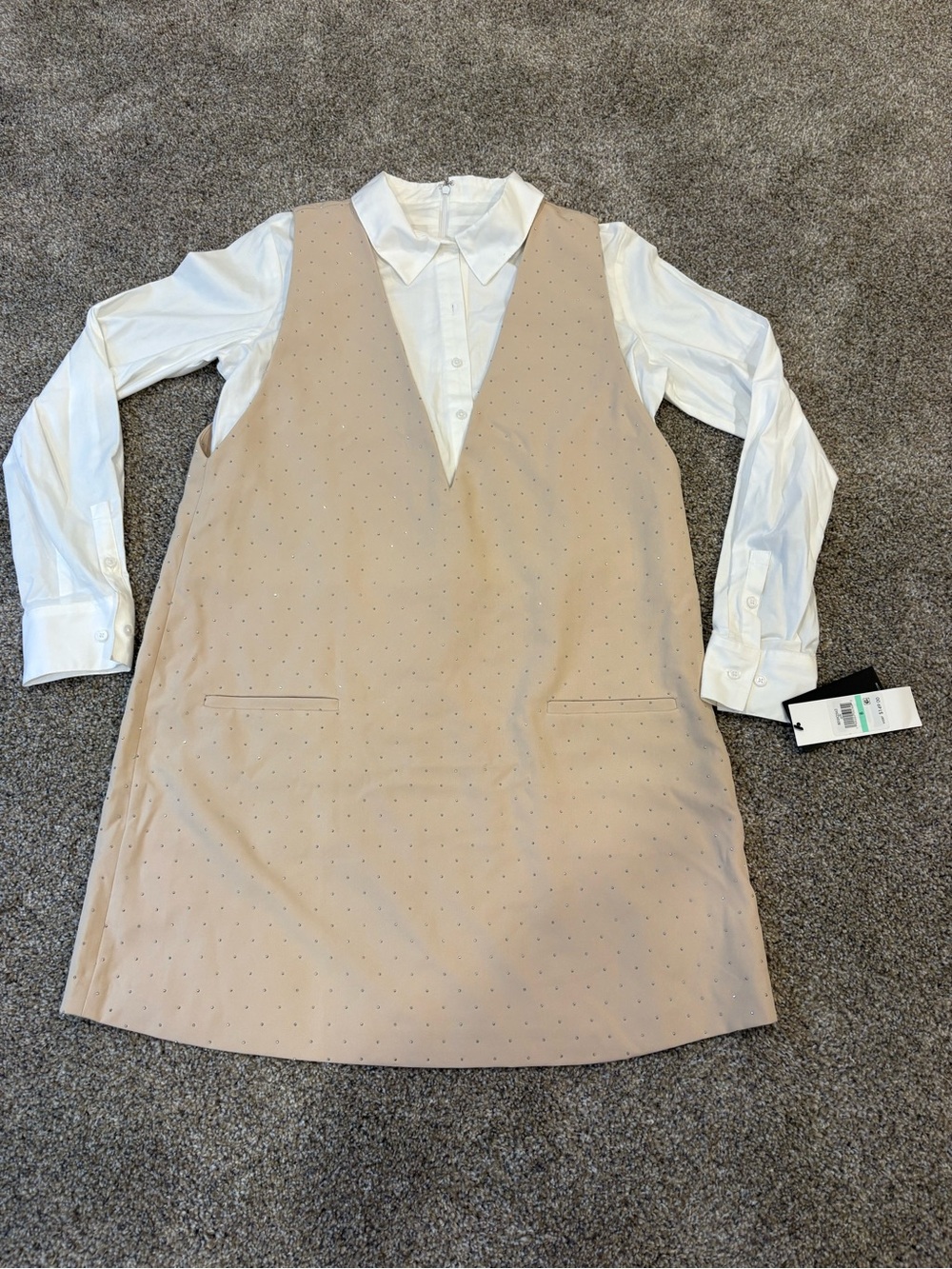 NWT BCBG Beige V-Neck Mini Twofer Dress with Rhinestones